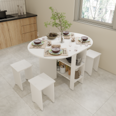 Katlanır Yuvarlak Yemek ve Mutfak Masası + Tabure Seti - 6 Kişilik